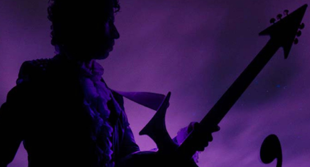 Silhouet in paars van de zanger met gitaar die een tribute doet van Prince  