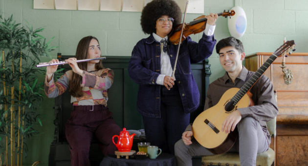 rie muzikanten spelen fluit, viool en gitaar in een sfeervolle, groene kamer.
