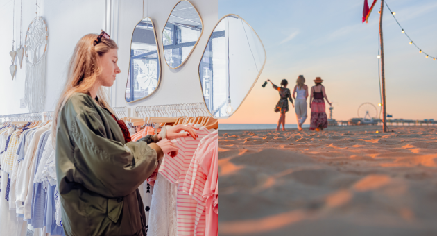 Vrouw shopt in een winkel gesplitst beeld met strandfoto