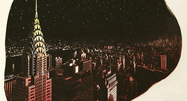 Anne Desmet, Manhattan Stars, kleurenhoutgravure, 2017