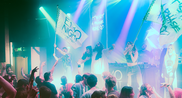 Sfeerbeeld met podium waarop de emo scene krachtig meezingt wapperend met vlaggen en leuzen.