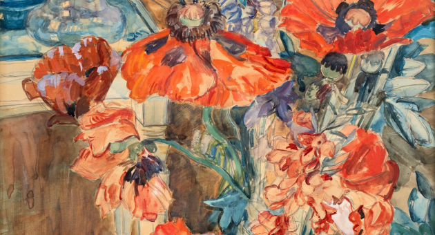 Barbara van Houten, Stilleven met klaprozen en glazen vazen op een tafel, 1891-1950, potlood en waterverf op papier
