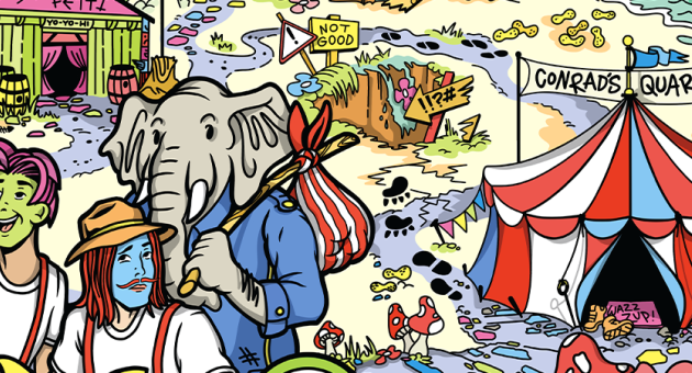 Cartoon van muzikaal circus zonder grenzen wat past bij de voorstelling met humor en grensverleggende stijl over het leven.