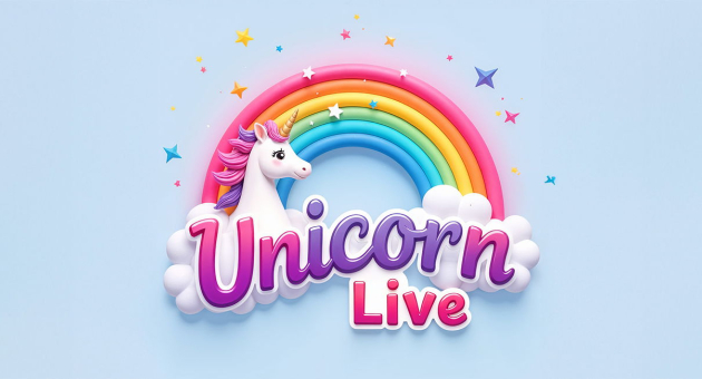 Een kleurrijke regenboog met een eenhoorn en wolken en de tekst "Unicorn Live" 