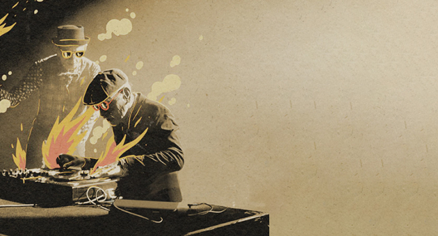 Foto met illustratie wat de sfeer aangeeft soundsystemcultuur en haar kinderen: reggae, dancehall en hiphop.