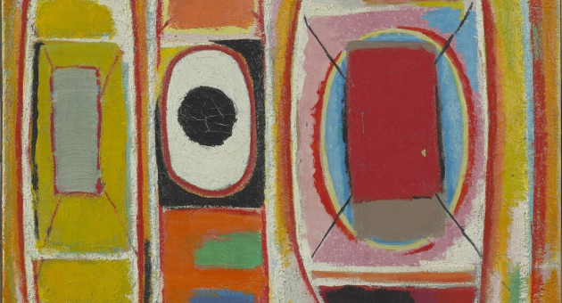 Abstract schilderij met drie gekleurde vlakken, ovalen en rechthoeken in felle tinten.