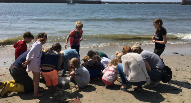Kinderen en volwassenen onderzoeken iets op het strand.