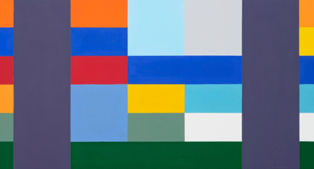 Kleurrijk abstract schilderij met blokken en strepen