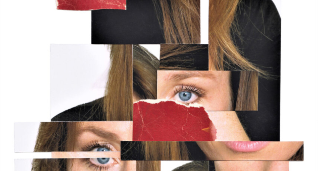 Collage van vrouwengezicht met blauwe ogen en rood papier