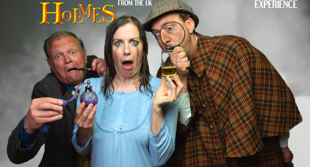 Drie acteurs in komische Sherlock Holmes-stijl poseren met overdreven geschrokken gezichten, als promotie voor de voorstelling Sheer Luck Holmes.