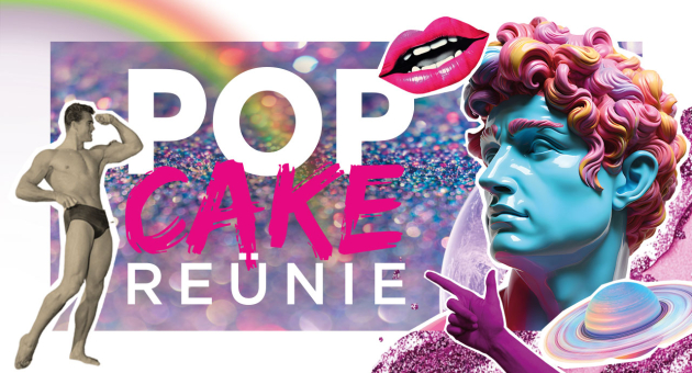 Kleurrijke en speelse poster voor Popcake Reünie met glitterachtergrond, regenboog, kunstbeelden en pop-art elementen.