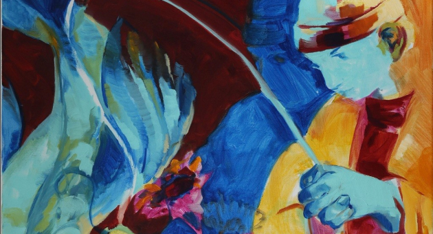 Kleurrijk schilderij van een figuur met hengel naast een grote vis en bloemen in felle tinten