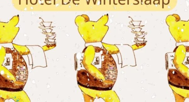 Drie keer een getekende beer als ober met koffie op dienblad