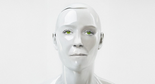 Wit glanzend humanoïde robotgezicht met groene ogen tegen een witte achtergrond