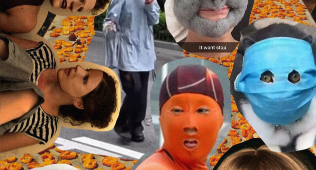 Collage van expressieve gezichten, gemaskerde personen en knip- en plakwerk op achtergrond vol oranje objecten.