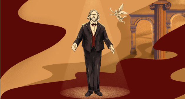 Illustratie van een man in smoking onder een spotlicht, met een vliegende engel en zuil op de achtergrond