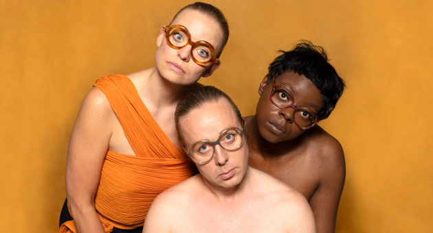 Portret van drie verschillende mensen en kijken allemaal recht in de camera.