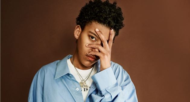 Persoon in blauwe blouse bedekt deels gezicht