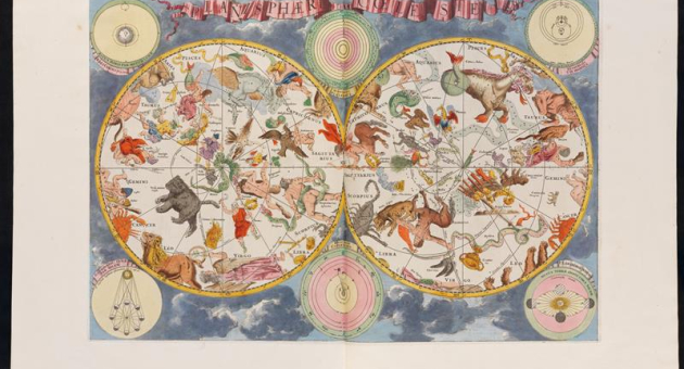 Kleurrijke historische sterrenkaart met dierenriemfiguren, mythologische wezens en hemellichamen in twee cirkels