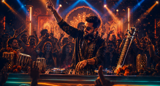Een DJ draait muziek voor een feestende menigte.