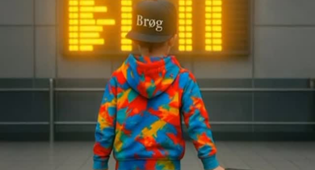 Een jongen met een kleurrijke hoodie en een koffer kijkt naar een vertrekbord.
