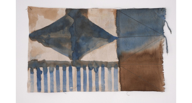 Kleurrijk abstract textielontwerp met blauw en bruin