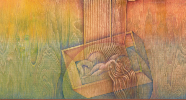 Colorful abstract painting featuring the silhouette of a woman.