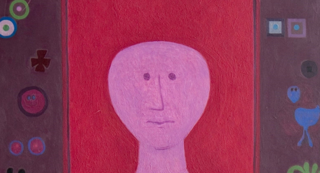 An abstract portrait in shades of purple on a red background.
