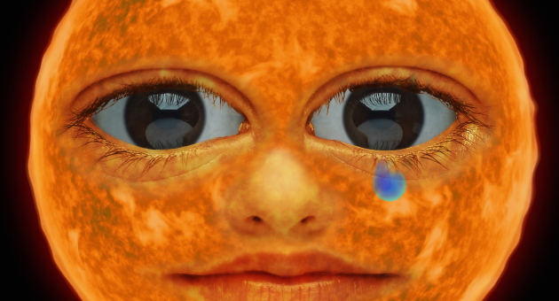 Oranje gloedvolle zon met realistisch mensenhoofd, grote ogen en een blauwe traan onder het rechteroog