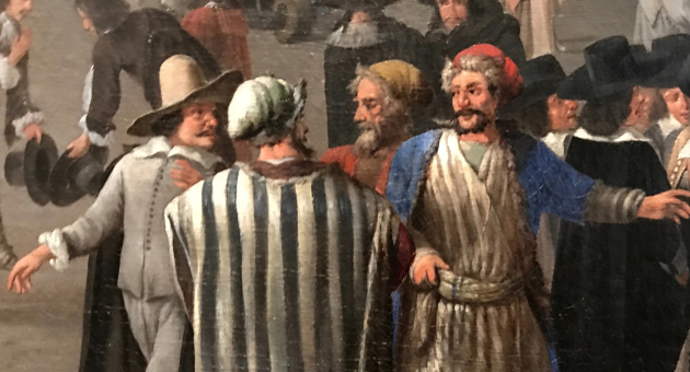 Historische voorstelling van mensen in traditionele kledij.