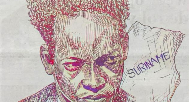 Kleurig portret van een jonge man, met krullend haar en de tekst 'SURINAME' op de achtergrond