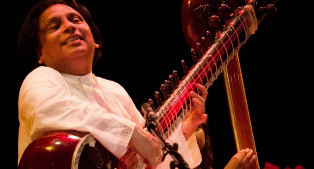 Een muzikant speelt op een sitar met een glimlach.