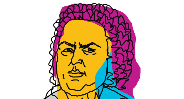 Abstracte tekening met felle kleuren van een man met krullend haar.