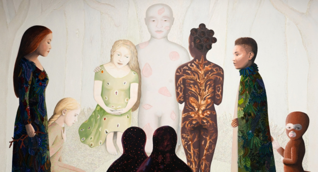 Zes figuren in verschillende kledingstijlen, met nadruk op een centrale figuur.