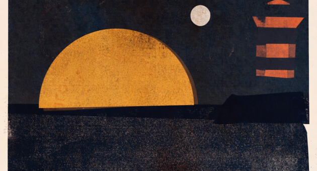 Een abstracte weergave van een zonsondergang met een grote gele zon en geometrische vormen.