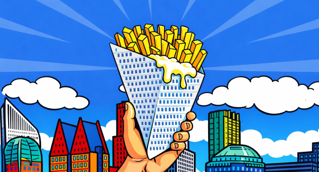 Een hand houdt een fris gevuld frietbakje met mayo tegen een blauwe lucht en een stadsachtergrond. (c) Chat GPT