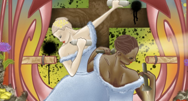 Twee vrouwen in blauwe jurken dansen met rollen papier.