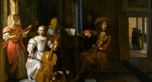 Delft Baroque. Een groep muzikanten speelt in een gezellig interieur.