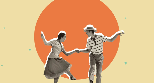 Delft Jazz - The Royal Croquettes. Twee retro geklede dansers bewegen vrolijk op een gele achtergrond.