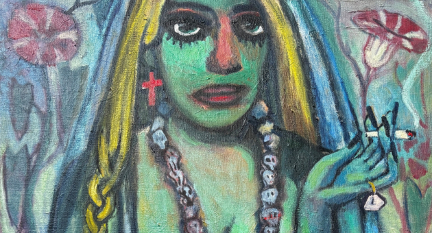 Een schilderij van een vrouw met groene huid en lange haren, omringd door bloemen en rook.