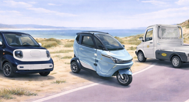 Drie kleine voertuigen staan op een weg bij het strand.