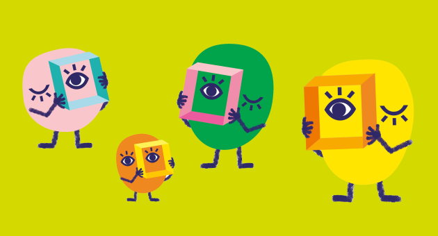 Four colorful characters holding frames with an eye