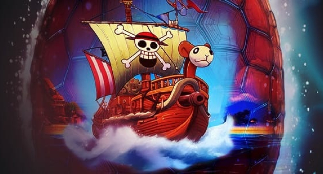 A pirate ship featuring a skull and a teddy bear.