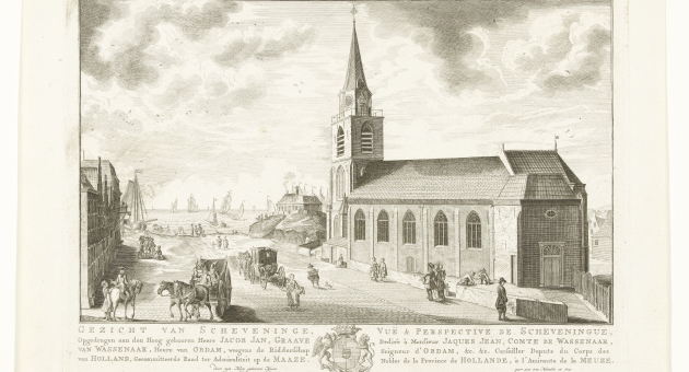 Een tekeningen van de Oude kerk in Scheveningen met boten op zee.