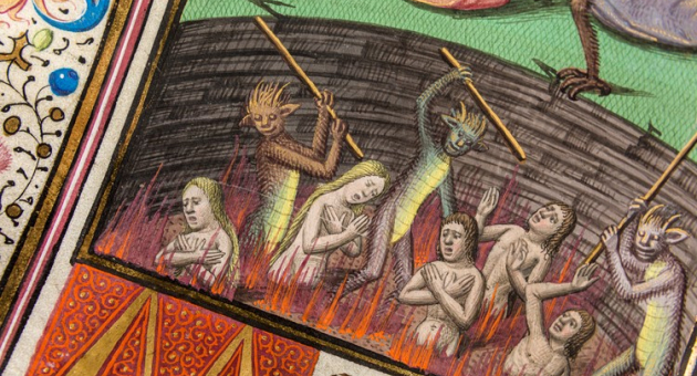 Een middeleeuwse afbeelding met demonische figuren die zonden bestraffen in de hel.