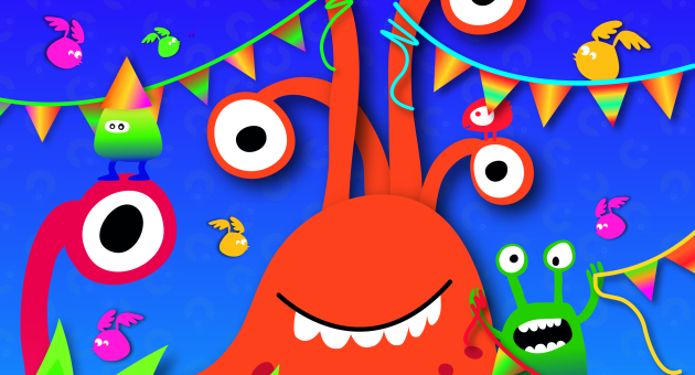 Een vrolijk, kleurrijk monster met ogen en vrienden in een speelse omgeving.