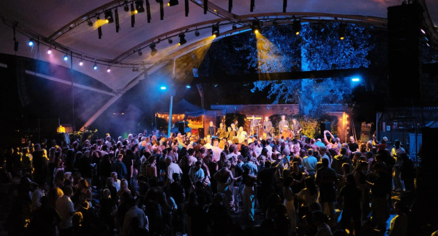 Gezelschap danst op een muziekfestival met lichten.