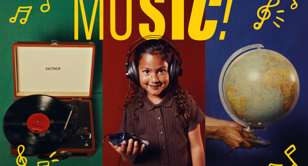 Music Museon Omniversum. Een kind met hoofdtelefoon houdt een muziekspeler vast.