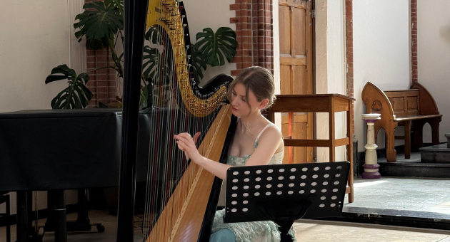 Music on the harp. A harpist in a green dress plays a harp in a bright concert hall.