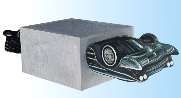 OPEN PAVILJOEN 2026  Een zwarte auto die uit een grijs blok lijkt te komen.